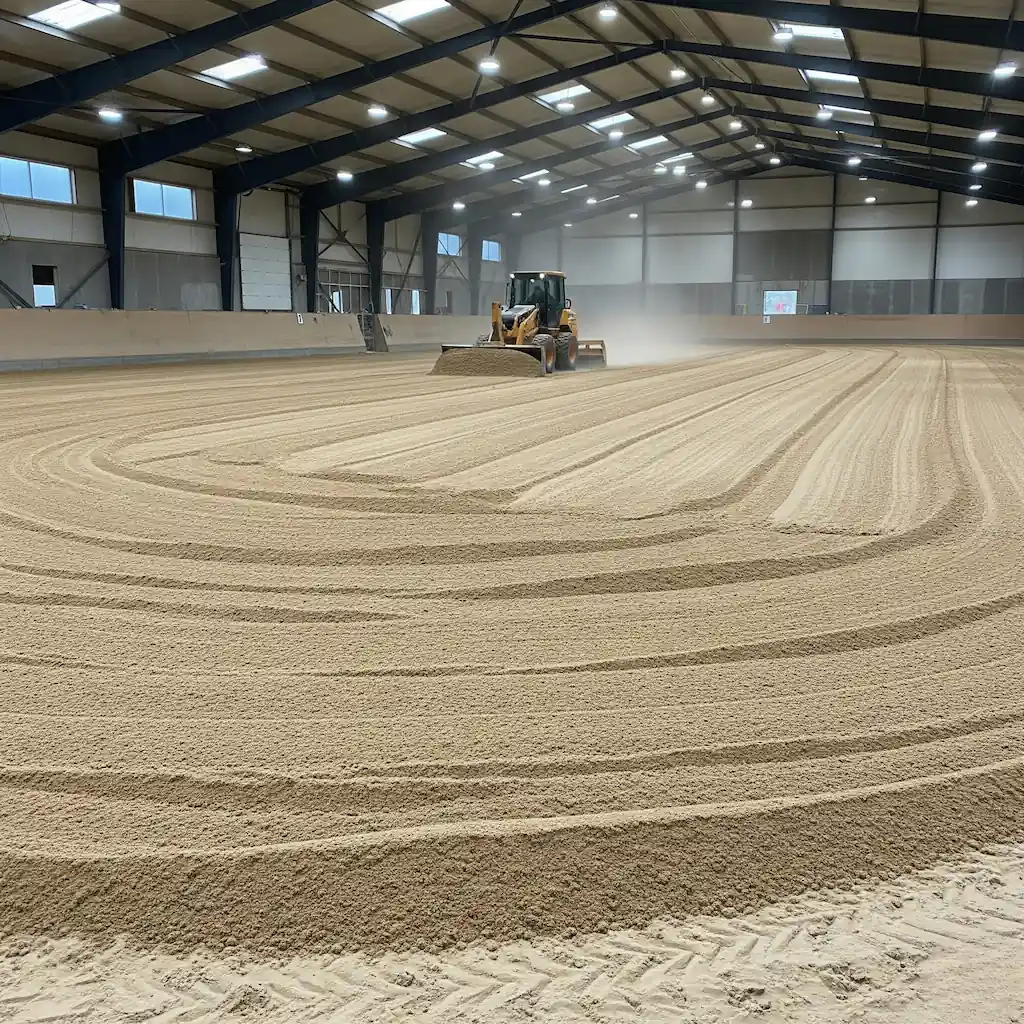 Professioneller Reithallenbodenbau mit Sandbodenplanierung für optimale Reitbedingungen