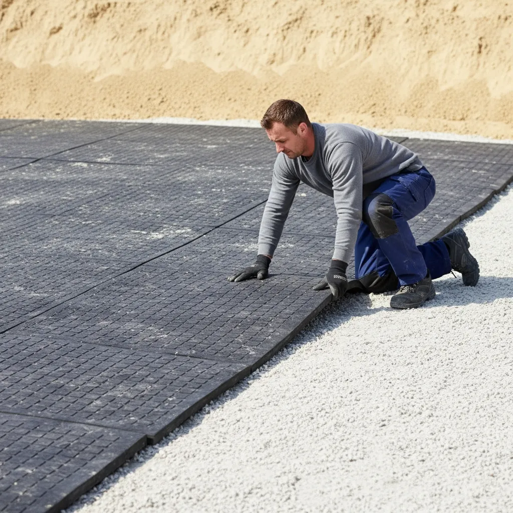 Professionelle Verlegung von Reitplatzmatten durch erfahrenen Arbeiter für optimale Sicherheit und Reitkomfort