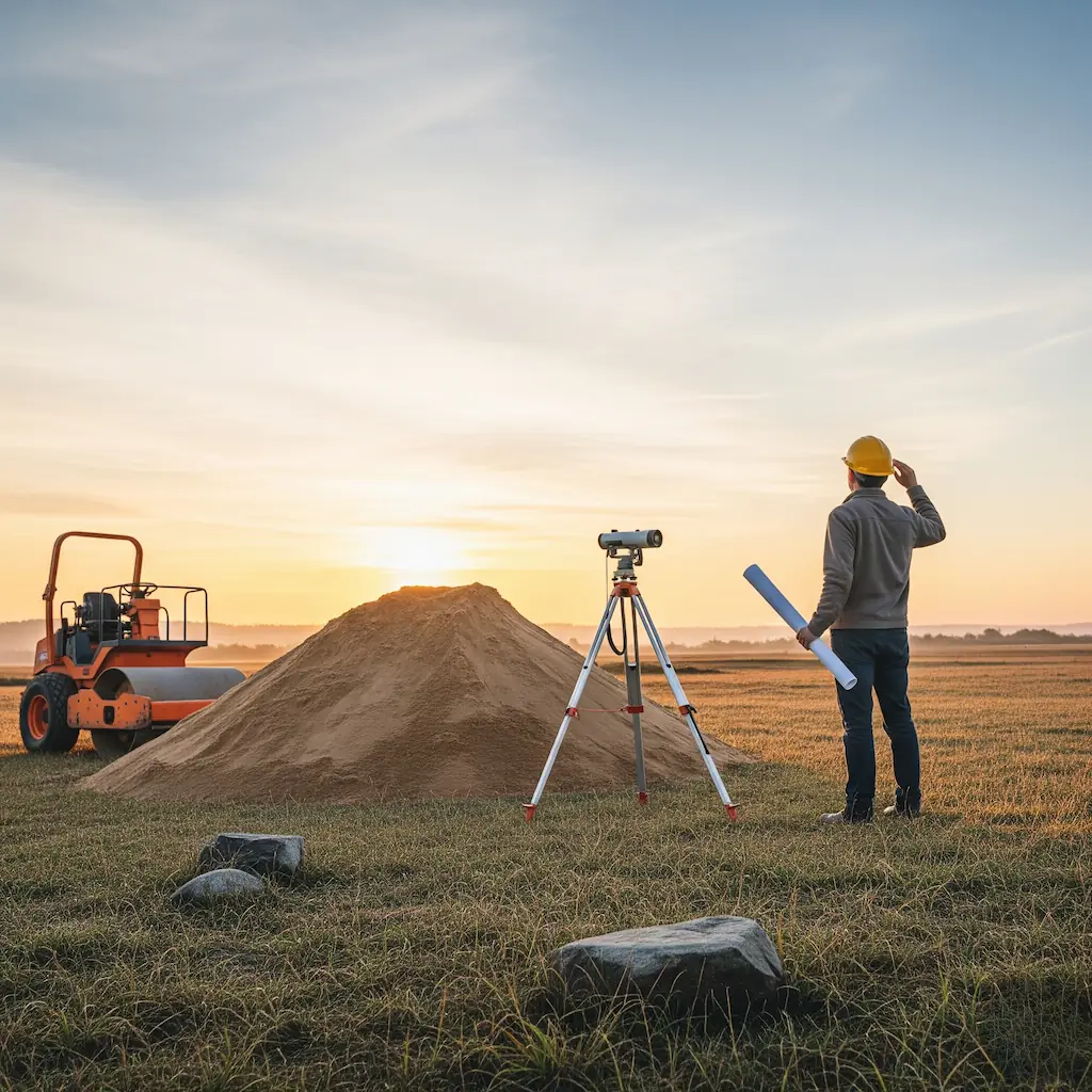 Vermessung und Planung eines Reitplatzes mit Baulaser bei Sonnenaufgang